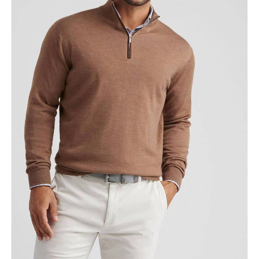 NEW PETER MILLAR autumn crest suede trim quarter zip sweater in british tan